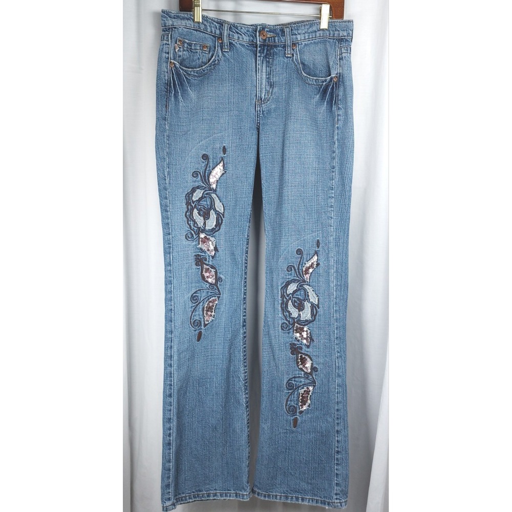 Z Cavaricci Distressed Embroidered Copper Sequin Jeans Wms Waist 33 Label Remove